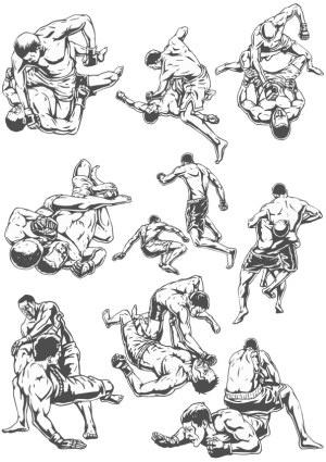 MMA Fighters in Various Grappling and Fighting Positions Vector Set Free Vector