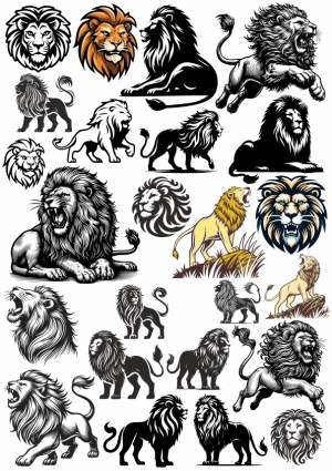 Collection of Detailed Lion Silhouette and Line Art Vector Illustrations Free Vector