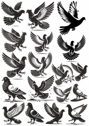 Black Silhouette and Detailed Pigeon and Dove Vector Illustrations Free Vector