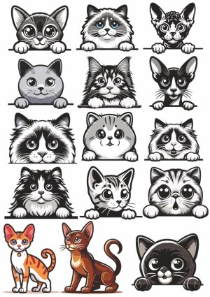 Collection of Cute Cat Faces and Full-Body Cat Illustrations Free Vector