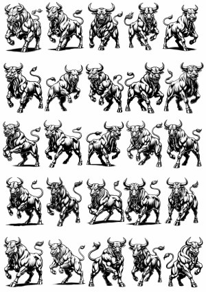 Set of Aggressive Charging Bull Vector Illustrations Free Vector