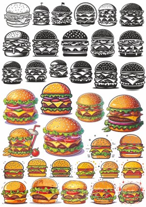 Variety of Hand-Drawn and Colorful Burger Vector Illustrations Free Vector