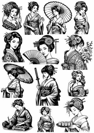 Japanese Geisha Woman Vector Illustrations in Traditional Kimono Free Vector
