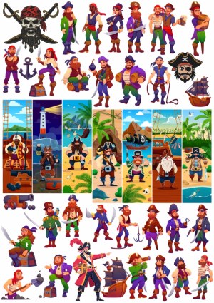Colorful Pirate Characters, Accessories, and Scenes Vector Set Free Vector