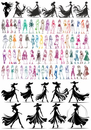 Diverse Fashion Silhouettes and Sketches of Women in Various Styles Free Vector