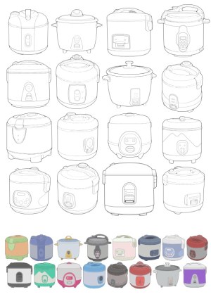 Vector Set of Various Rice Cooker Designs in Outline and Color Free Vector