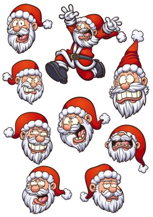 Cartoon Santa Claus Faces with Various Expressions and Poses Free Vector