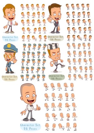 Cartoon Male Character Sets in Various Occupations and Poses Free Vector