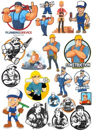 Collection of Construction, Plumbing, and Repair Worker Cartoon Characters Free Vector