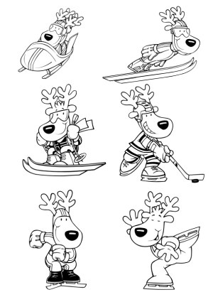 Black and White Cartoon Reindeer Performing Winter Sports Free Vector