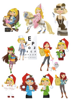 Diverse Cartoon Women Characters in Various Costumes and Activities Free Vector