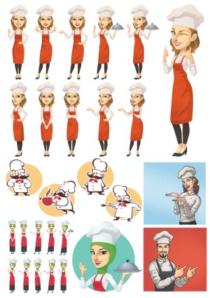 Set of Cartoon Chef Characters in Various Poses and Styles Free Vector