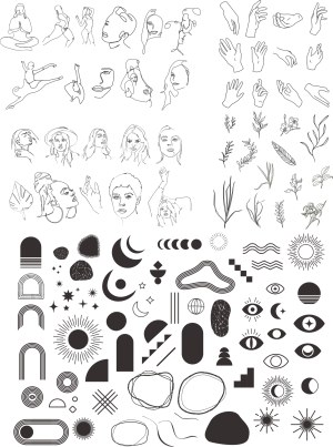 Minimalist Line Art Faces, Hands, Leaves, and Abstract Shapes Vector Set Free Vector