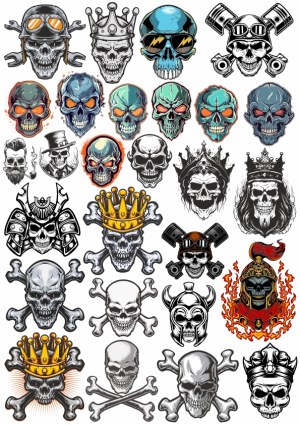 Colorful and Detailed Skull Illustrations with Crowns, Helmets, and Crossbones Free Vector