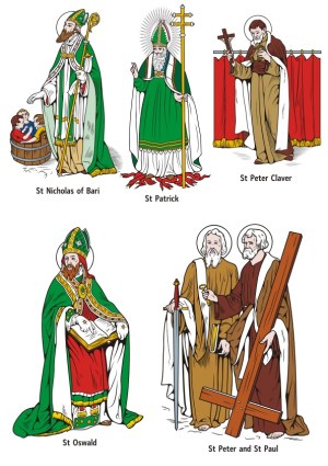 Illustrated Saints Figures Including St Nicholas, St Patrick, St Peter Claver, St Oswald, St Peter and St Paul Free Vector
