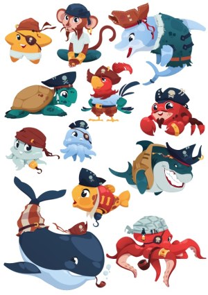 Cartoon Pirate Marine Animals and Characters Vector Set Free Vector