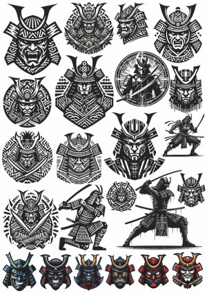 Detailed Samurai Masks and Warriors Vector Collection Free Vector