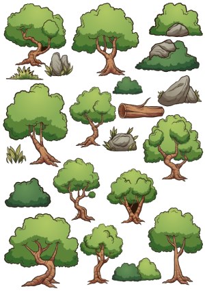 Cartoon Style Trees, Bushes, Rocks, and Logs Vector Collection Free Vector