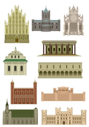 Set of Various Historical European Architectural Landmarks Vector Illustrations Free Vector