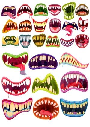 Colorful Cartoon Monster Mouths with Different Teeth and Tongues Free Vector