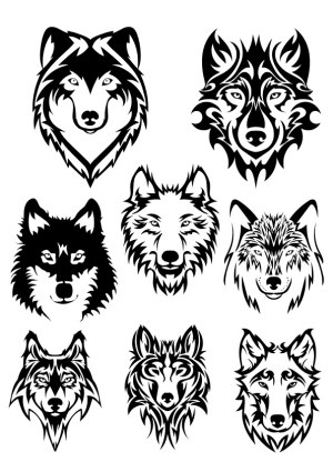Set of Nine Black and White Wolf Head Vector Designs Free Vector