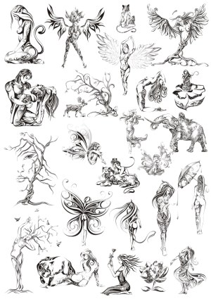 Ornamental Black and White Fantasy Figures and Nature Elements Vector Set Free Vector