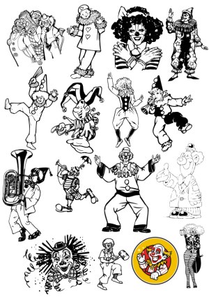 Collection of Black and White Clown Illustrations and Characters Free Vector