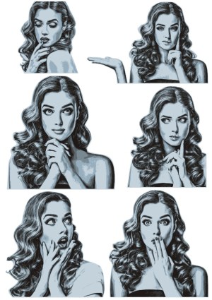 Vector Set of Woman Showing Various Thoughtful and Surprised Facial Expressions Free Vector