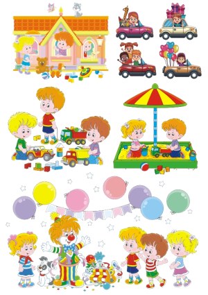 Children Playing, Party, and Driving Toy Cars Vector Set Free Vector