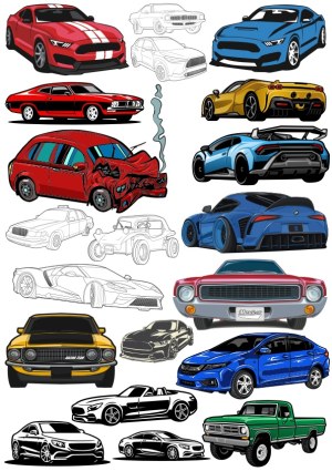 Collection of Detailed Car Vector Illustrations Including Modern, Classic, Damaged, and Sports Cars Free Vector