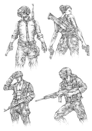 Intricate Tactical Soldiers and Armed Characters Line Art Free Vector