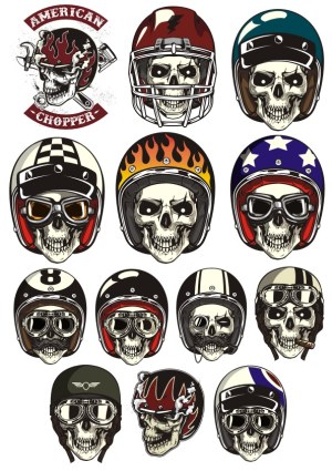 Skulls Wearing Various Motorcycle and Football Helmets Vector Set Free Vector