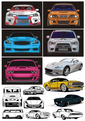 Vector Collection of Modern and Classic Cars with Front Views and Side Angles Free Vector