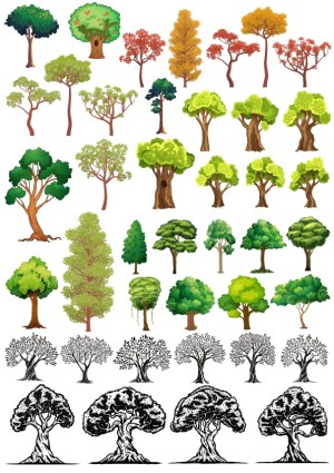 Collection of Various Vector Tree Illustrations in Color and Black Silhouettes Free Vector