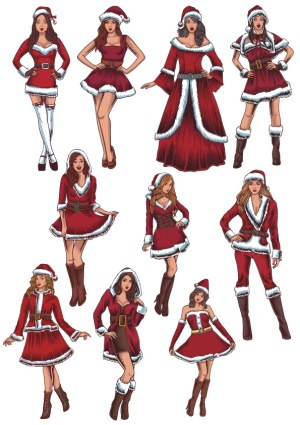 Set of Women in Various Santa Claus Inspired Christmas Outfits Free Vector