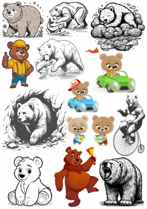 Collection of Bear Illustrations in Various Artistic Styles and Characters Free Vector