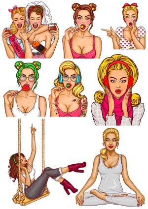 Set of Colorful Pop Art Girls with Various Expressions and Activities Free Vector