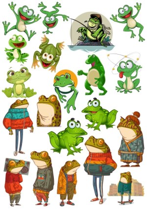 Collection of Cartoon Frogs and Toads in Various Poses and Outfits Free Vector