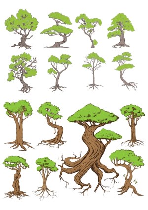 Collection of Hand-Drawn Stylized Trees with Green Foliage Free Vector
