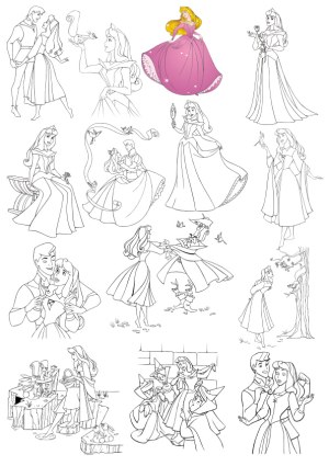 Princess Aurora Themed Black and White Line Art Vector Set with One Colored Illustration Free Vector