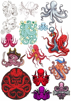 Collection of Colorful Octopus Cartoon and Tattoo-style Vector Illustrations Free Vector