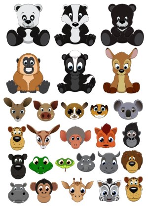 Cartoon Animal Faces and Sitting Animals Vector Set Free Vector