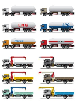 Set of Fuel Tankers and Cargo Trucks with Cranes Vector Illustrations Free Vector