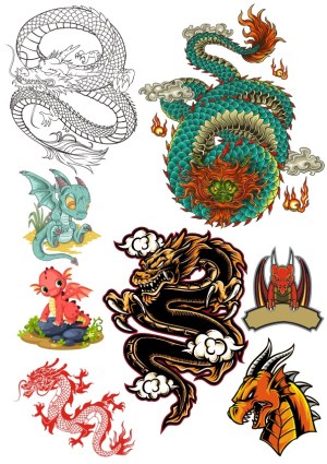 Collection of Colorful and Line Art Dragons and Dragon Characters Free Vector