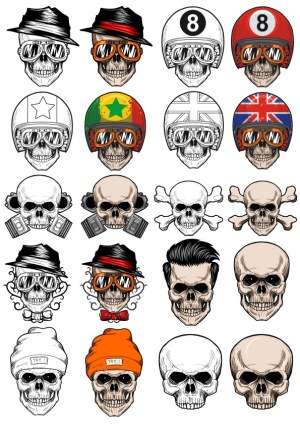 Collection of Stylized Skull Illustrations with Various Accessories and Helmets Free Vector