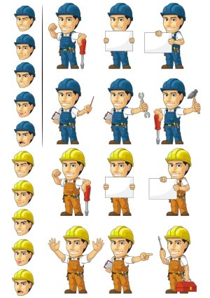 Construction Worker Cartoon Characters with Expressions and Tools Free Vector