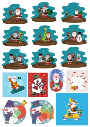Christmas Holiday Vector Illustrations with Santa, Reindeer, Snowman, and Festive Elements Free Vector