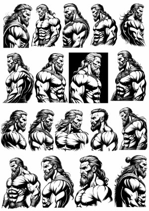 Collection of Muscular Bearded Warrior Portraits in Profile and Side Views Free Vector