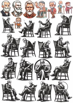 Set of Elderly Man Illustrations in Various Poses Sitting on Chair Free Vector