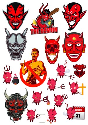 Collection of Red Devil and Demon Cartoon and Skull Vector Illustrations Free Vector